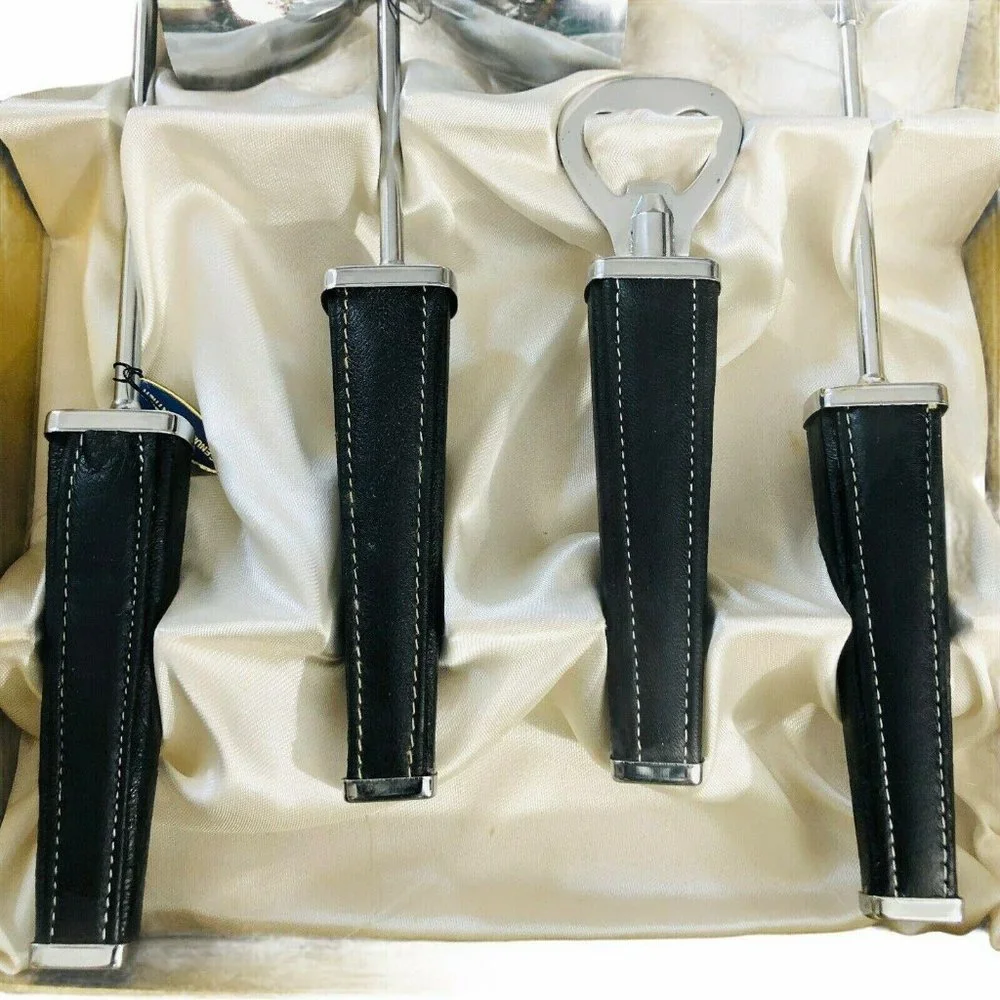 Vintage SWANK Ascot Bar Set Black‎ Leather Silver